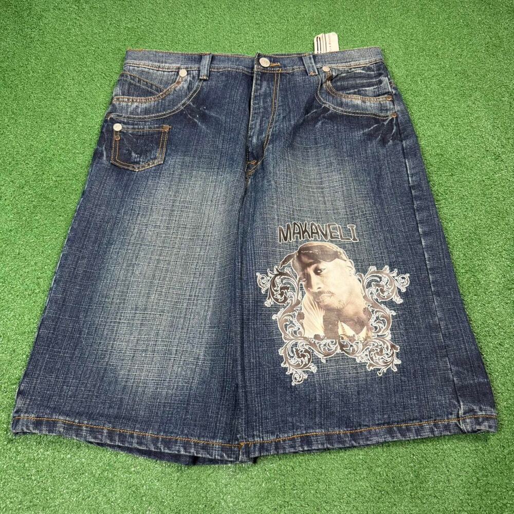 Makaveli Tupac Denim Shorts Hip Hop Y2K Baggy Embroidered NWT Size 36